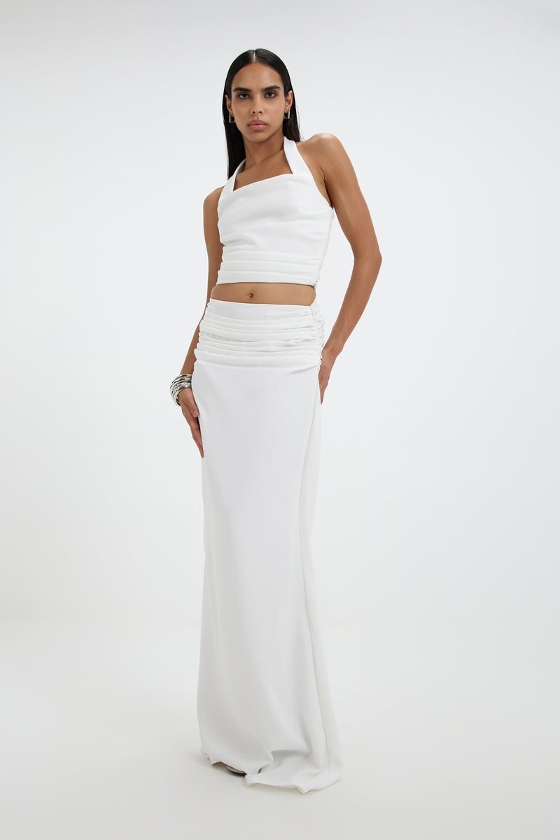 Deme By Gabriella Frances co-ord top and skirt set in neutral fabric, styled together for a chic, coordinated look.