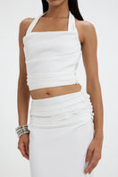 Deme By Gabriella Frances co-ords top and skirt set in stylish fabric, shown on a model.