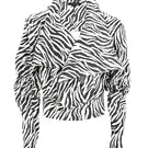 Kris Marán high neck zebra print bomber jacket with matching gloves, stylish and warm outerwear for cold weather.