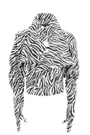 Kris Marán high neck zebra print bomber jacket with matching gloves, stylish and warm outerwear for cold weather.