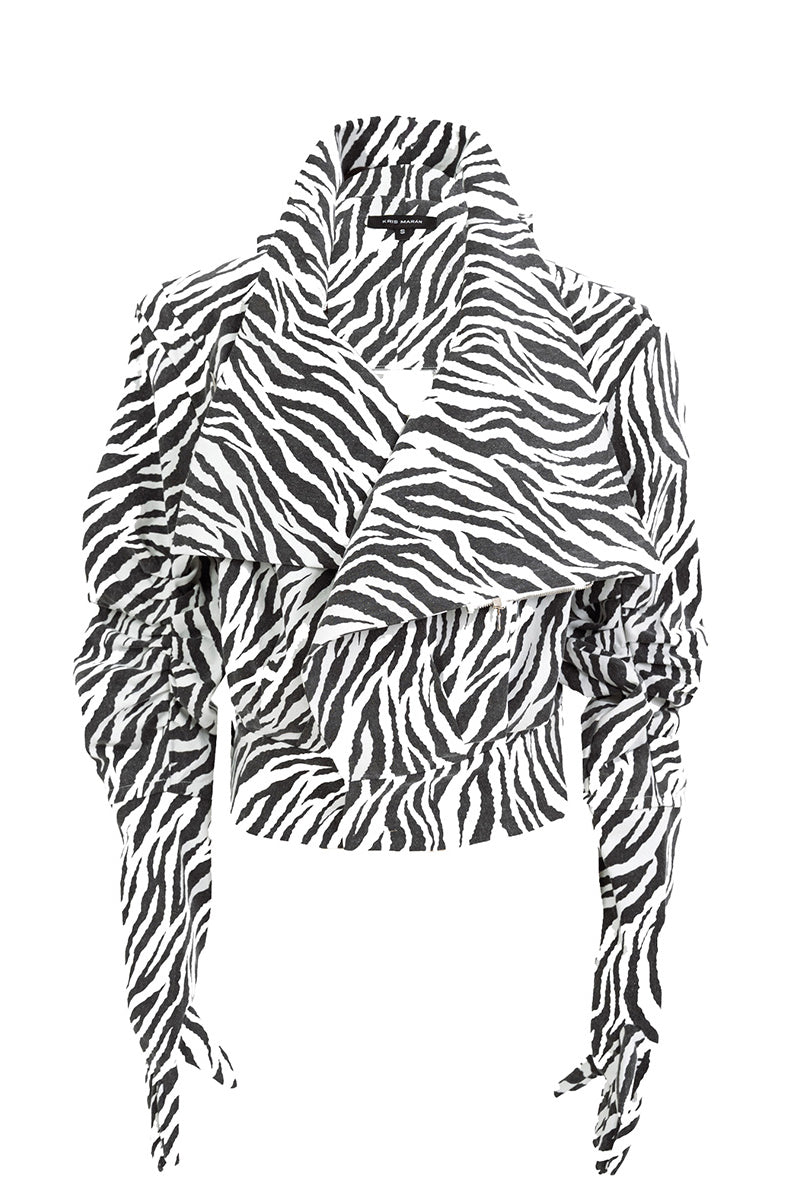 Kris Marán high neck zebra print bomber jacket with matching gloves, stylish and warm outerwear for cold weather.