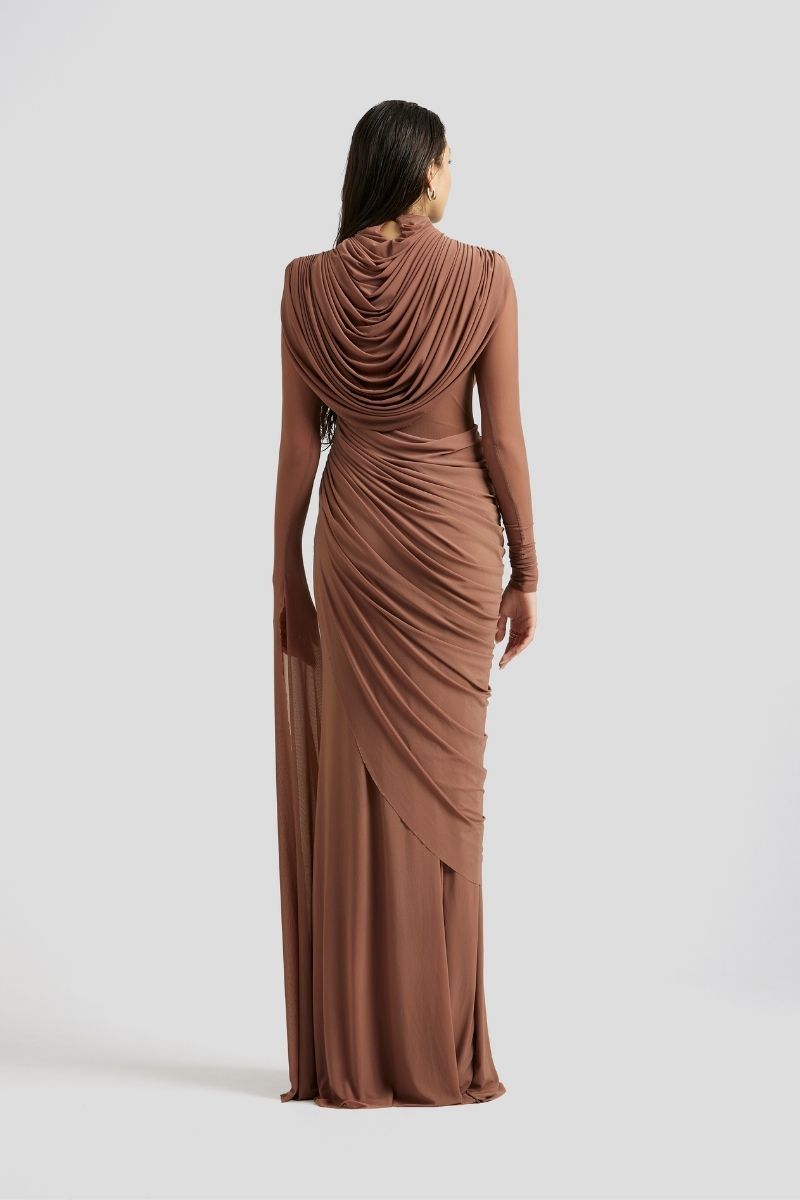 Deme By Gabriella Ivanna Maxi Dress in mocha pink, flowing fabric, ankle-length style, with a fitted waist and elegant design.