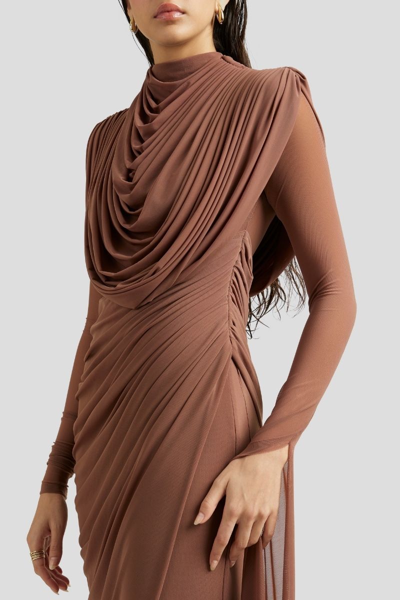 Deme By Gabriella Ivanna Maxi Dress in Mocha Pink, flowing sleeveless dress with a fitted waist and elegant design.