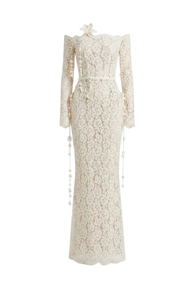Keira Tong embroidered vine maxi dress shown hanging, featuring detailed vine embroidery and flowing fabric.
