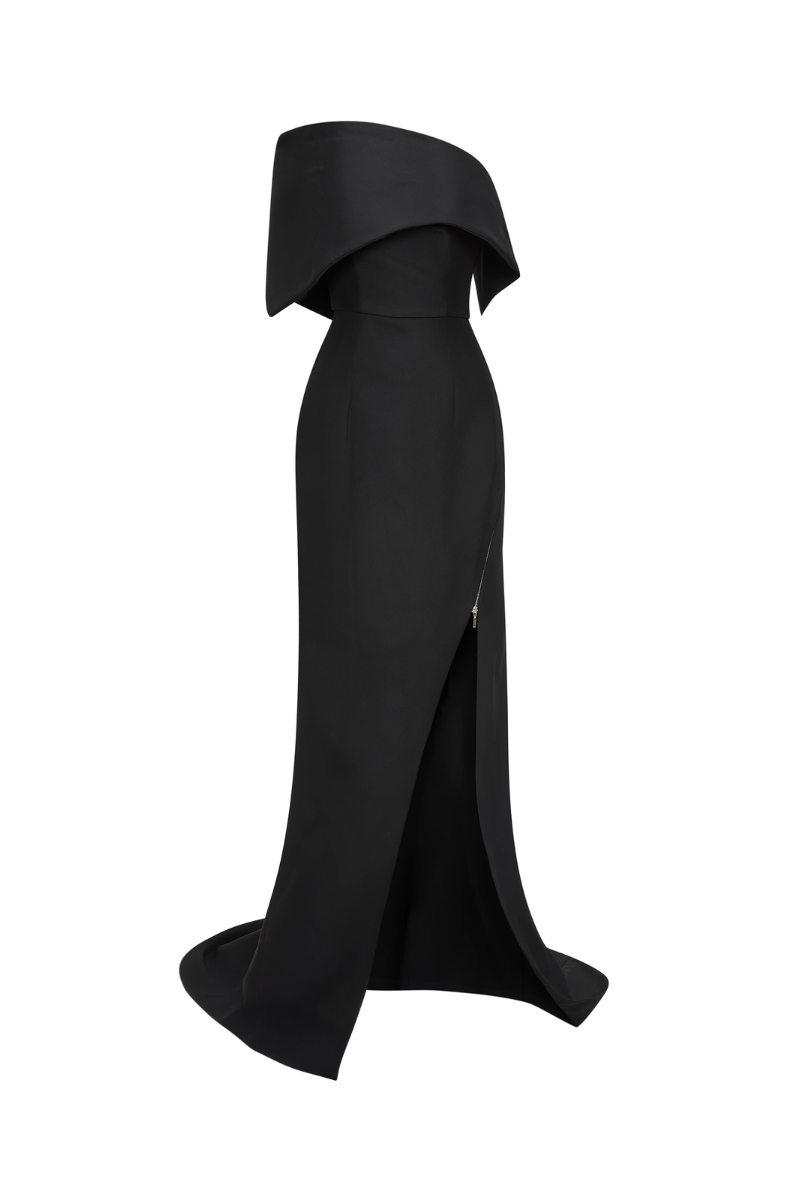 Elegant shadow drape gown by TONYY featuring flowing fabric and sophisticated design, perfect for formal occasions.