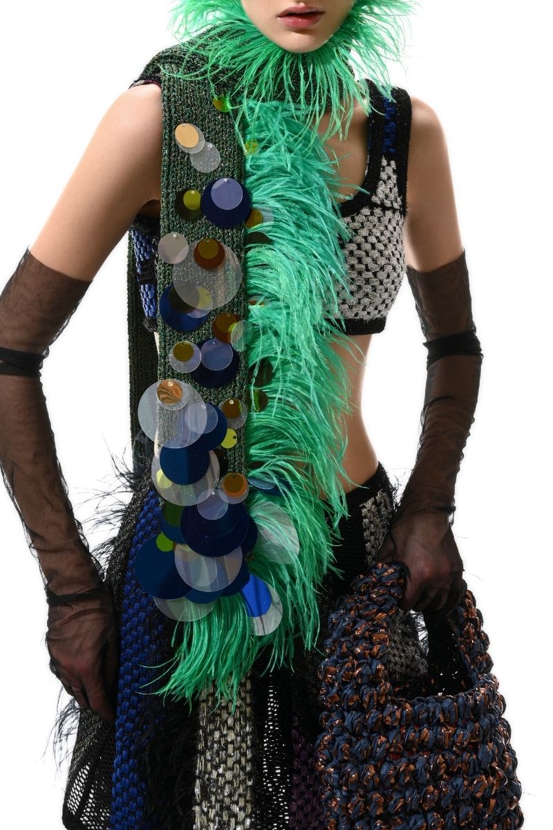 HAND KNITTED EMBELLISHED SCARF IN GREEN - CULT MIA