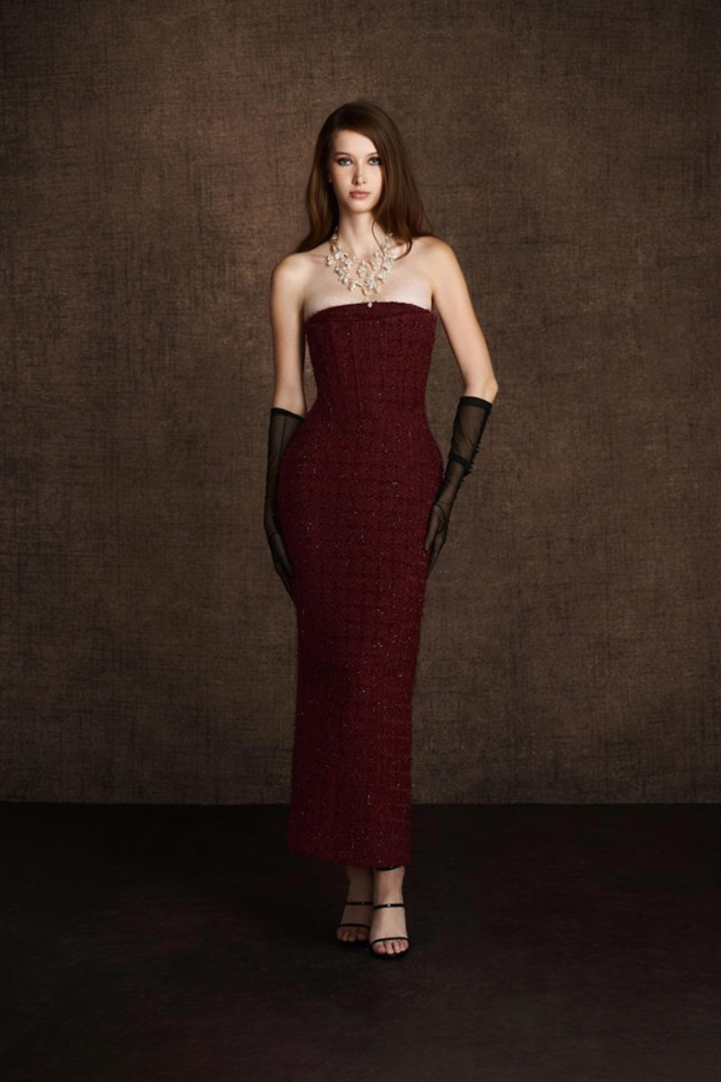 Keira Tong bustier tweed midi dress featuring a fitted silhouette and classic textured fabric.