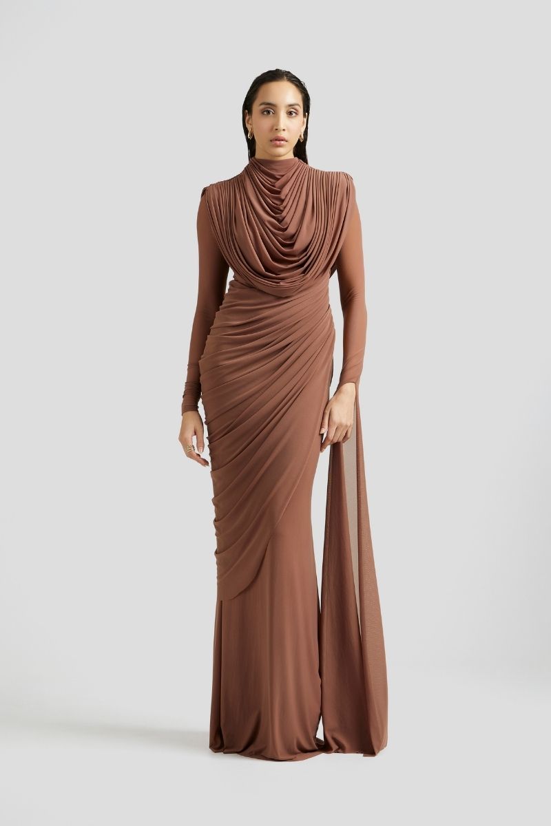 Deme By Gabriella Ivanna maxi dress in mocha pink, flowing fabric, sleeveless design, and elegant silhouette.