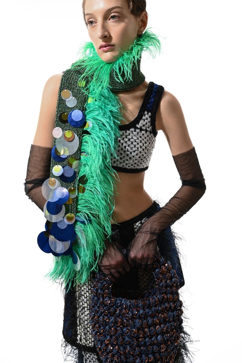 HAND KNITTED EMBELLISHED SCARF IN GREEN - CULT MIA