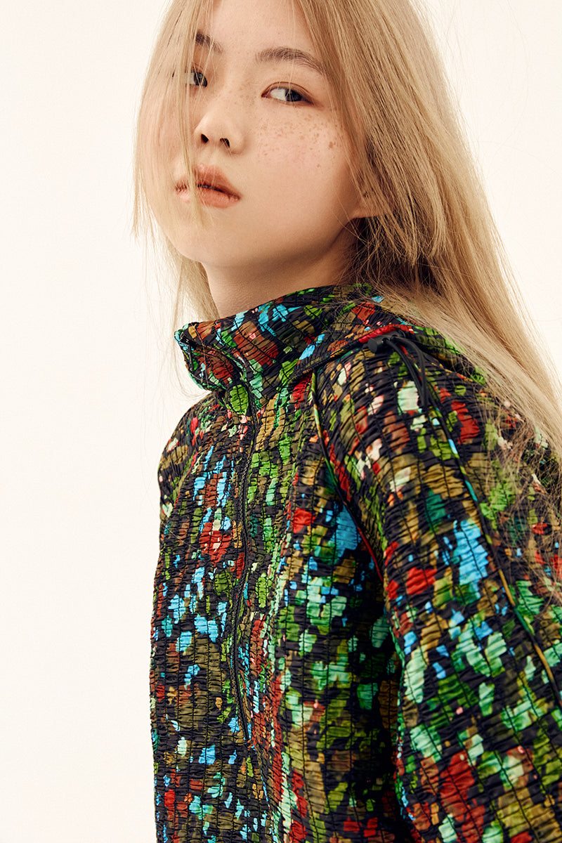 Colorful printed shirred windbreaker from Chictopia, showcasing its vibrant multicolor design and lightweight tops style.