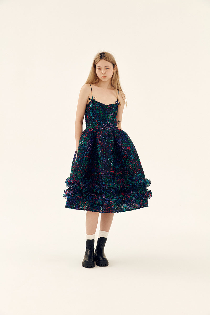 Chictopia Midnight Bloom shirred midi dress in multicolor with floral pattern and relaxed fit, perfect for casual or summer wear.