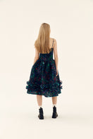 Chictopia Midnight Bloom shirred midi dress in multicolor with floral pattern and relaxed fit, perfect for casual or summer wear.