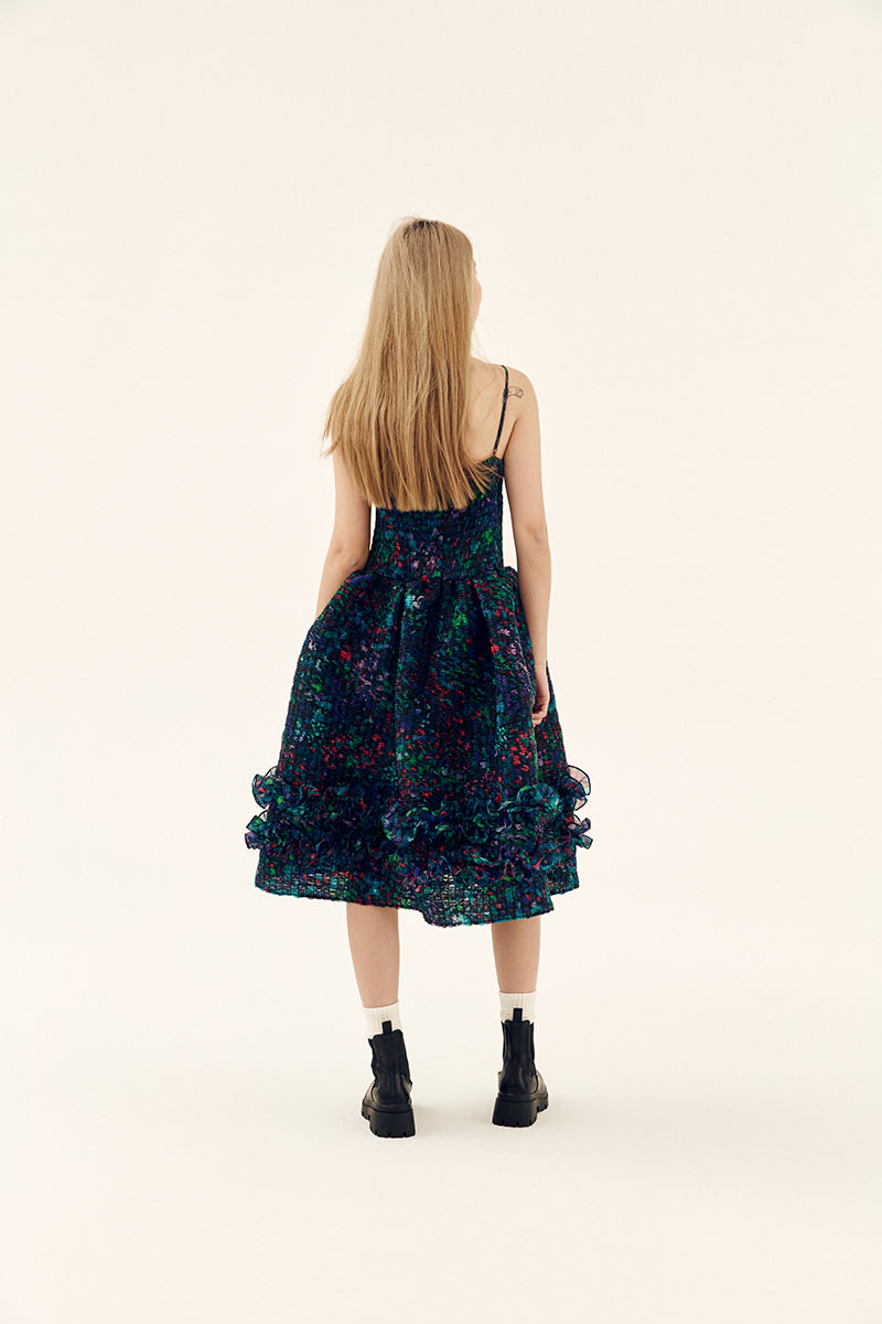 Chictopia Midnight Bloom shirred midi dress in multicolor with floral pattern and relaxed fit, perfect for casual or summer wear.