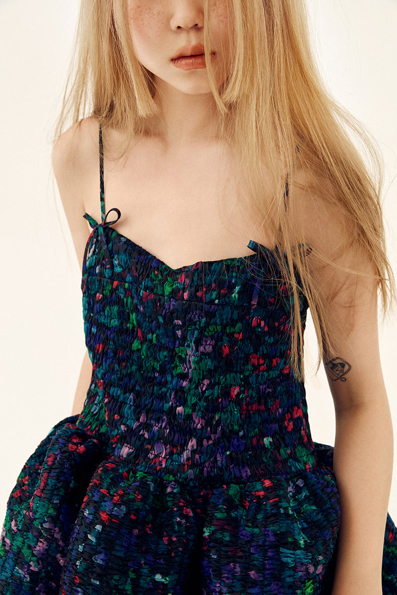 Chictopia Midnight Bloom Shirred Dress in multicolor, midi-length dress with a relaxed fit and vibrant floral pattern.