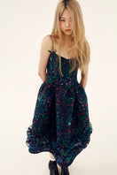 Chictopia Midnight Bloom shirred midi dress in multicolor with floral pattern, sleeveless with a fitted bodice and flowing skirt.