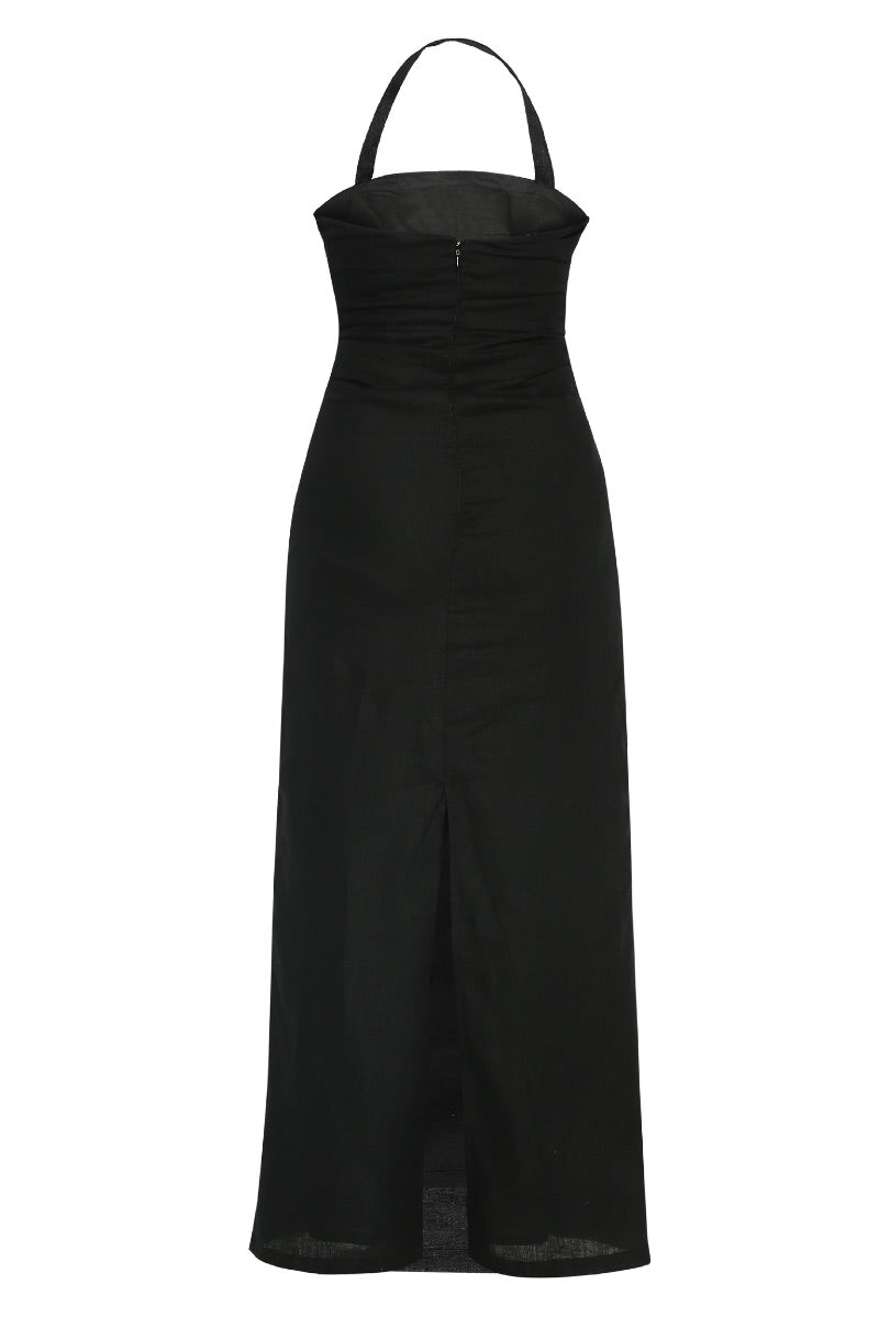 Black Jilliane maxi dress by Summer Away, flowing fabric, sleeveless design, and elegant silhouette perfect for summer occasions.