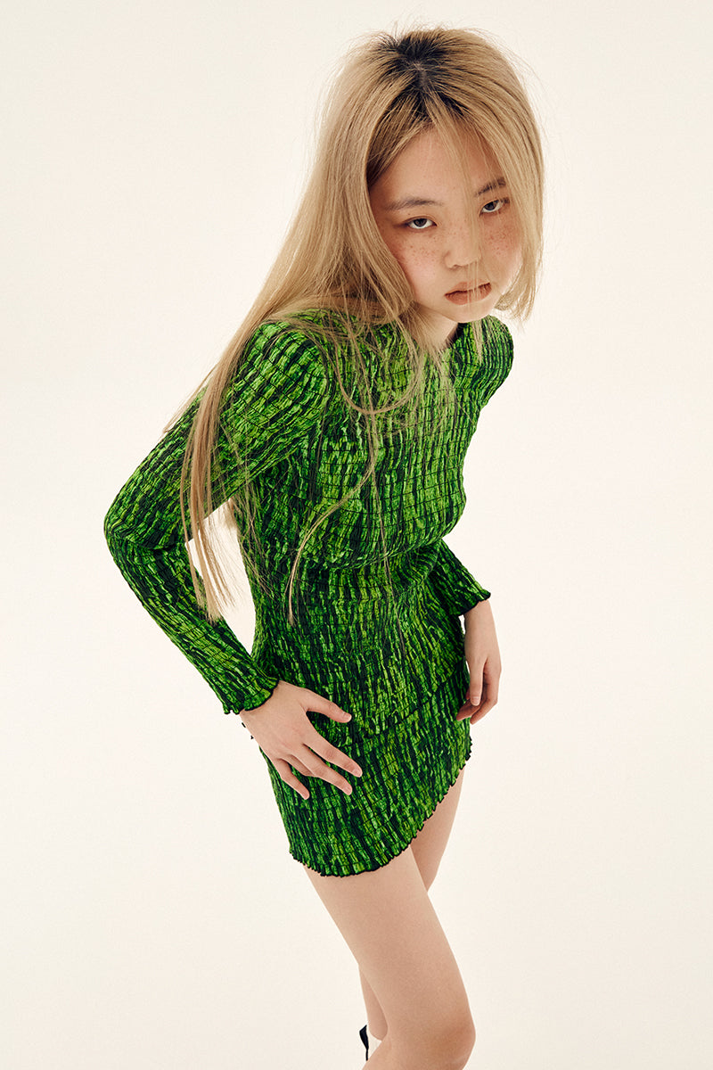 Green printed mini skirt from Chictopia featuring shirred details and a fitted waist, perfect for casual or stylish looks.
