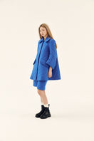 Chictopia blue quilt swing coat featuring a stylish, padded design and relaxed fit, perfect for cool weather.