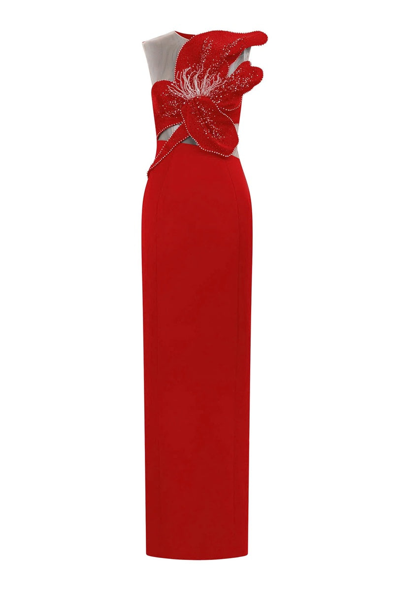 Tracy Studio taffeta mikado embellished maxi dress with intricate details and elegant design, displayed on a hanger.