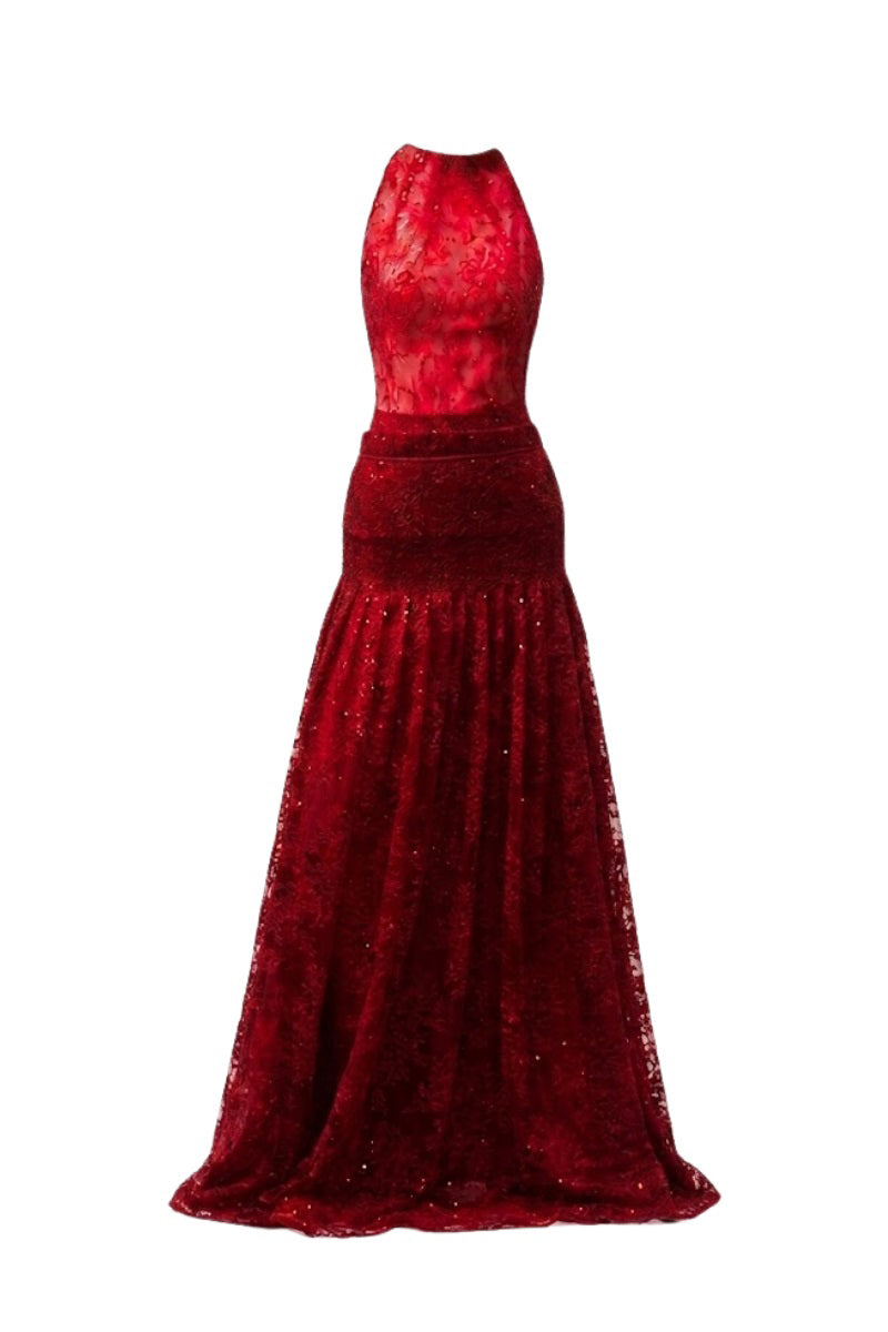 Elegant Margée Atelier Ellen's lace maxi dress with intricate lace details and flowing fabric, perfect for formal occasions.