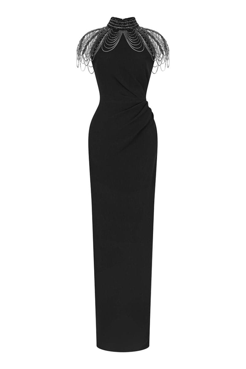 LOUSIA BLACK HIGH-NECK DRAPED GOWN - CULT MIA