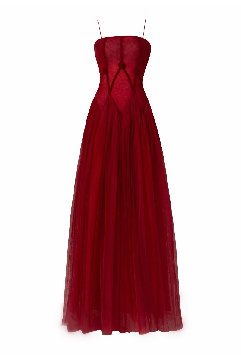 GEMINI RED DROP WAIST MESH MAXI DRESS