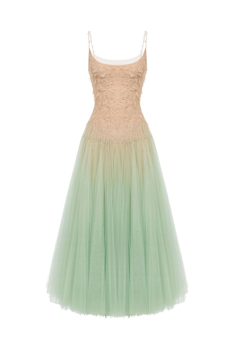 Montsand mint ombre lace midi dress with delicate lace details and a flowing silhouette, perfect for elegant occasions.