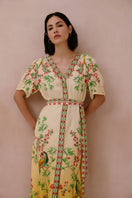Raishma Ivanna Maxi Dress in flowing fabric with intricate patterns, styled with a V-neck and long sleeves.