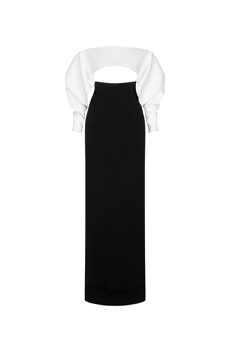 EVELORA black and white gown by POEM featuring elegant flowing fabric and stylish design, perfect for formal occasions.