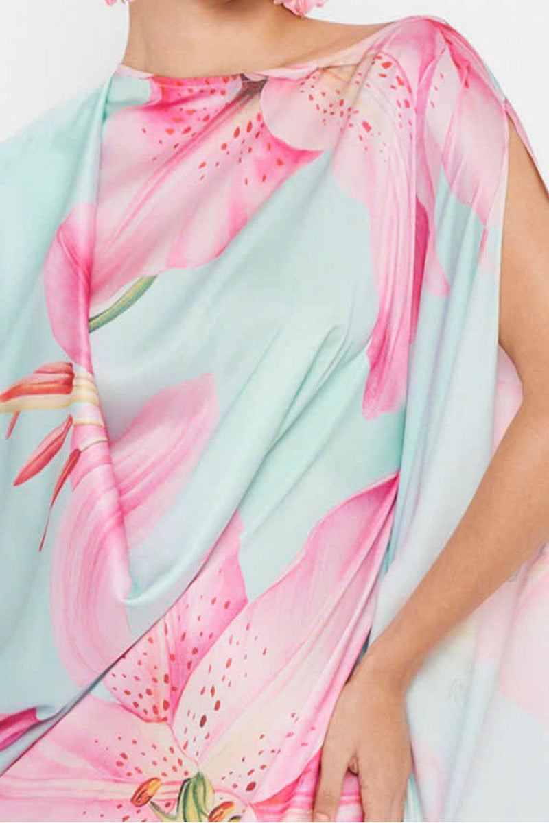 Valenciani asymmetrical drape maxi dress in multicolor fabric, featuring flowing, layered design and stylish silhouette.