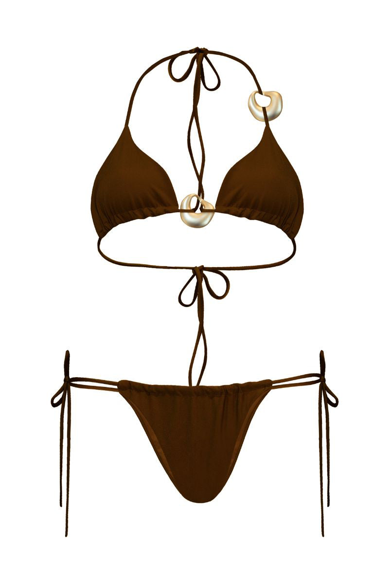 Brown Selina bikini by Laura Escobar, featuring a stylish two-piece design with adjustable straps and matching bottom.