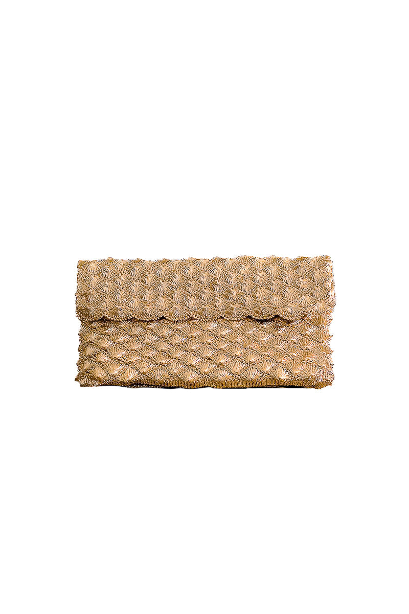 Gold seashell clutch by VERDI, featuring a textured seashell design, perfect for evening accessories or special occasions.