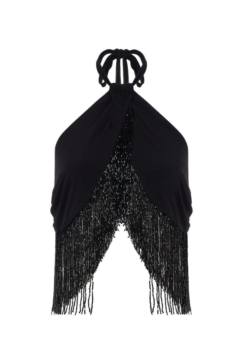Hand-beaded tassel top by Mirel Prentice, featuring intricate beadwork and flowing fabric, stylish tops for casual or dressy wear.