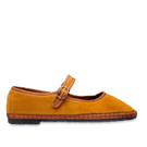 Flabelus Amaranta mustard flats with light brown piping, stylish slip-on shoes with a sleek design and comfortable fit.