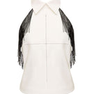 White Vaska top with beaded fringe, featuring a stylish sleeveless design and intricate bead detailing on the fringe.