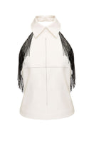 White Vaska top with beaded fringe, featuring a stylish sleeveless design and intricate bead detailing on the fringe.