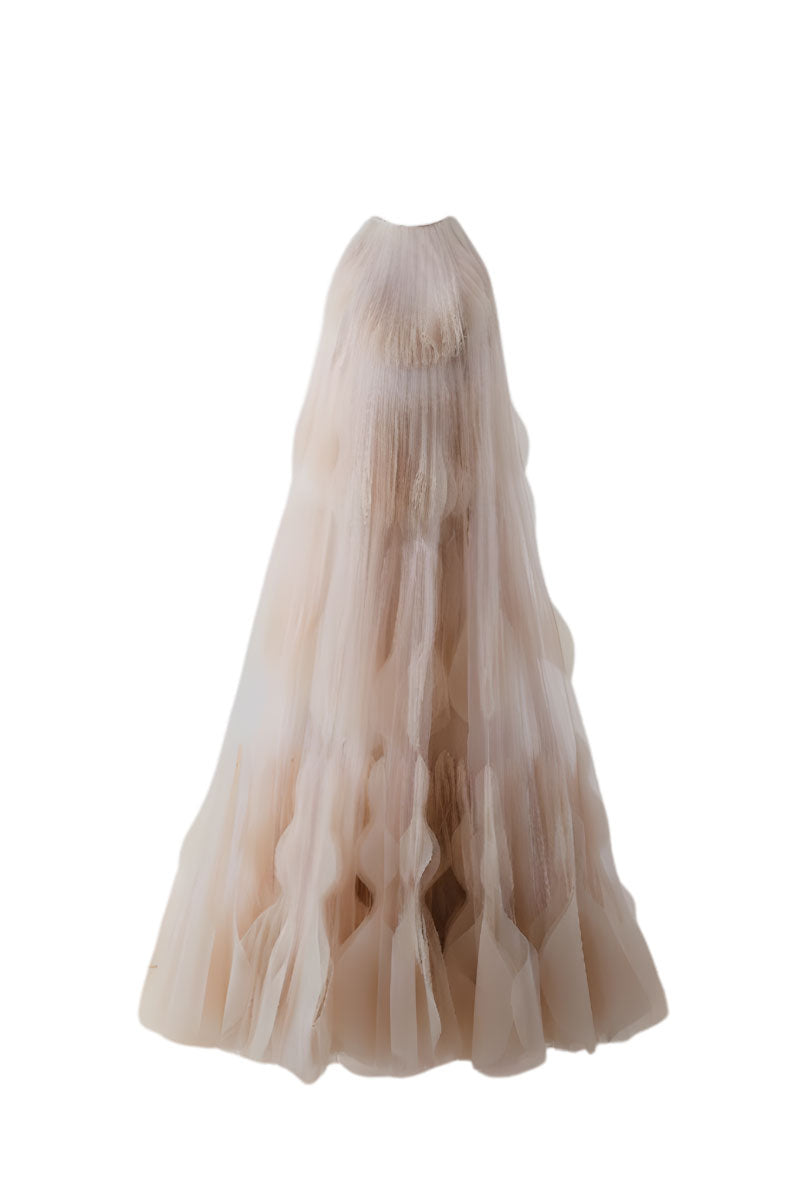 Beige halter neck tiered pleated tulle maxi dress by DOC BAN, featuring a flowing layered design and elegant silhouette.