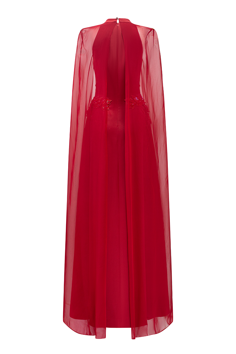 LONG SEE-THROUGH CAPE FLARED DRESS - CULT MIA