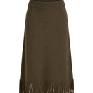 Rebecca Taylor Emelia fringe sweater skirt in olive, midi length with textured fringe details, styled on a model.