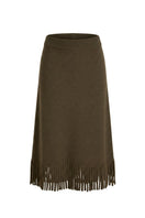 Rebecca Taylor Emelia fringe sweater skirt in olive, midi length with textured fringe details, styled on a model.