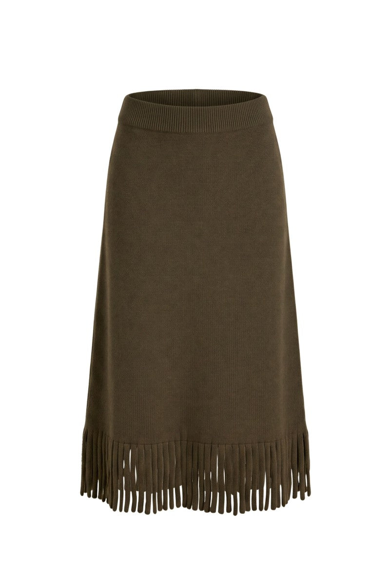 Rebecca Taylor Emelia fringe sweater skirt in olive, midi length with textured fringe details, styled on a model.