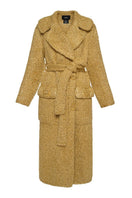 Lalo oversized coat with belt in gold, shown hanging on a rack, featuring a stylish, loose fit and luxurious fabric.