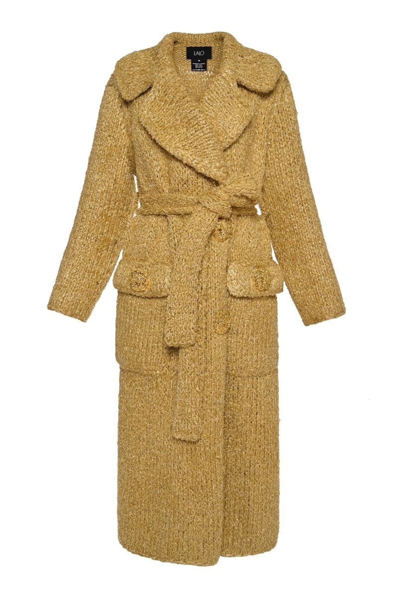 Lalo oversized coat with belt in gold, shown hanging on a rack, featuring a stylish, loose fit and luxurious fabric.