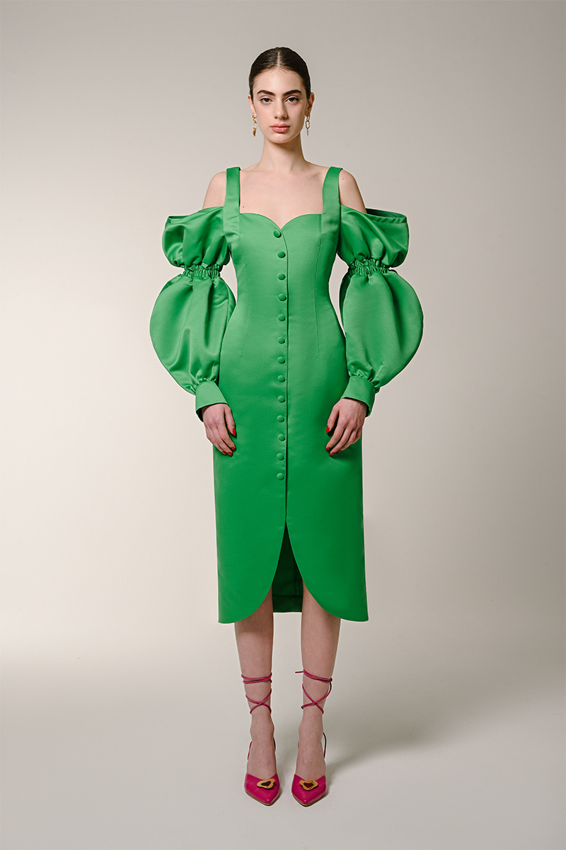GREEN PUFF SLEEVES DRESS - CULT MIA