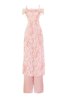 Pink lace Ao Dai co-ord set with feather accents from Do Long, featuring intricate lace details and elegant design.