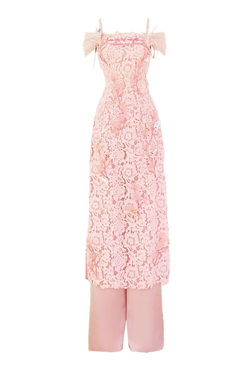 Pink lace Ao Dai co-ord set with feather accents from Do Long, featuring intricate lace details and elegant design.