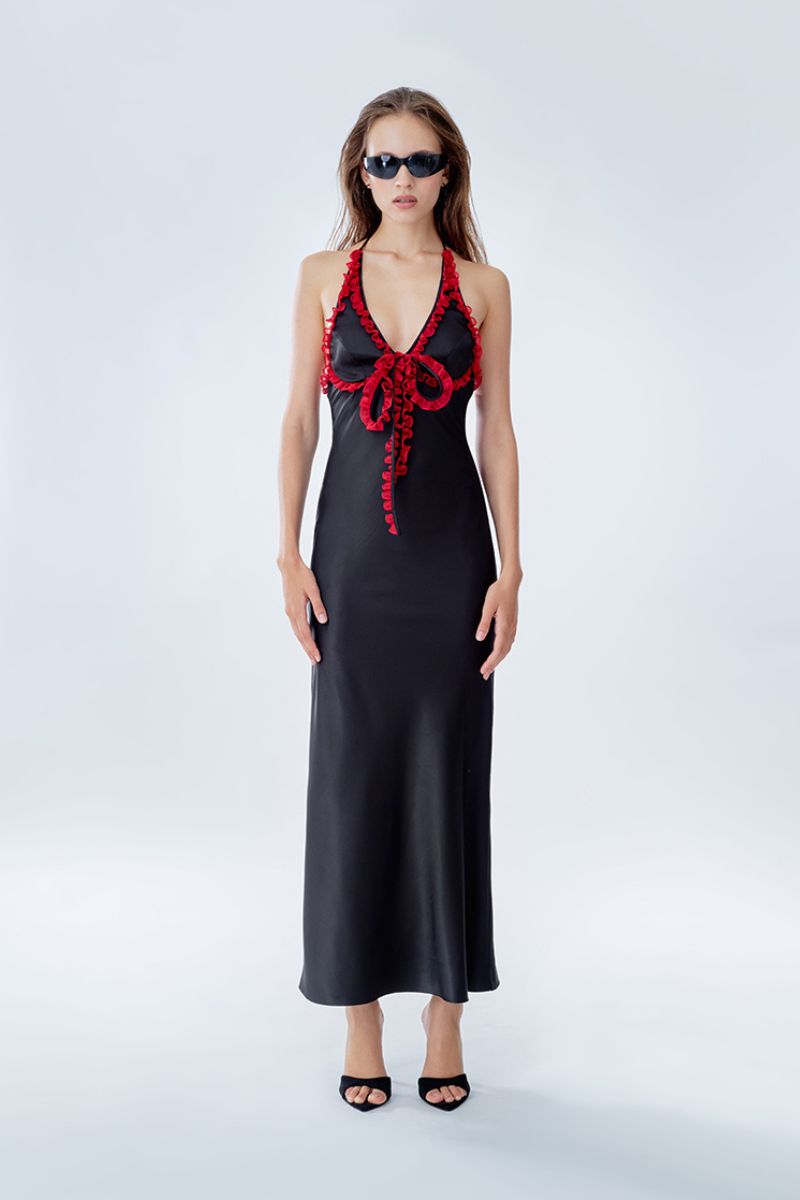MINI RUFFLE MAXI SLIP DRESS IN BLACK AND RED - CULT MIA
