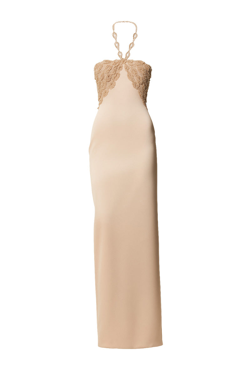 LONG BODYCON DRESS WITH SCULPTED BUST IN GOLD