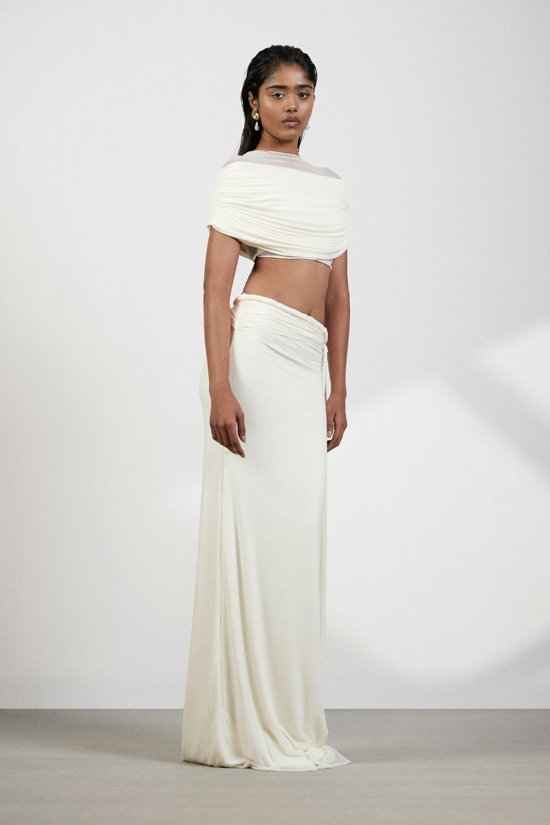 Deme By Gabriella Alyssa co-ords top and skirt set in stylish fabric, displayed on a model.