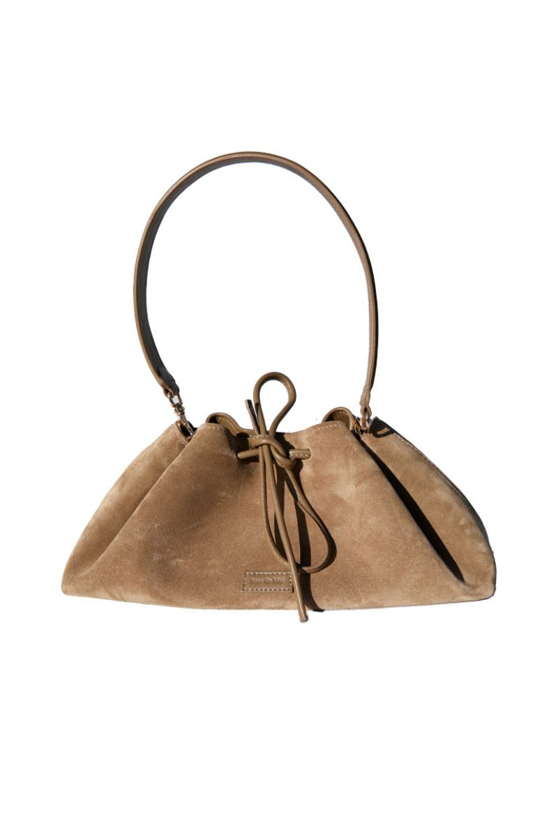 Rose de Mai Arabesque bucket bag in taupe, stylish shoulder bag with a textured design and adjustable strap.